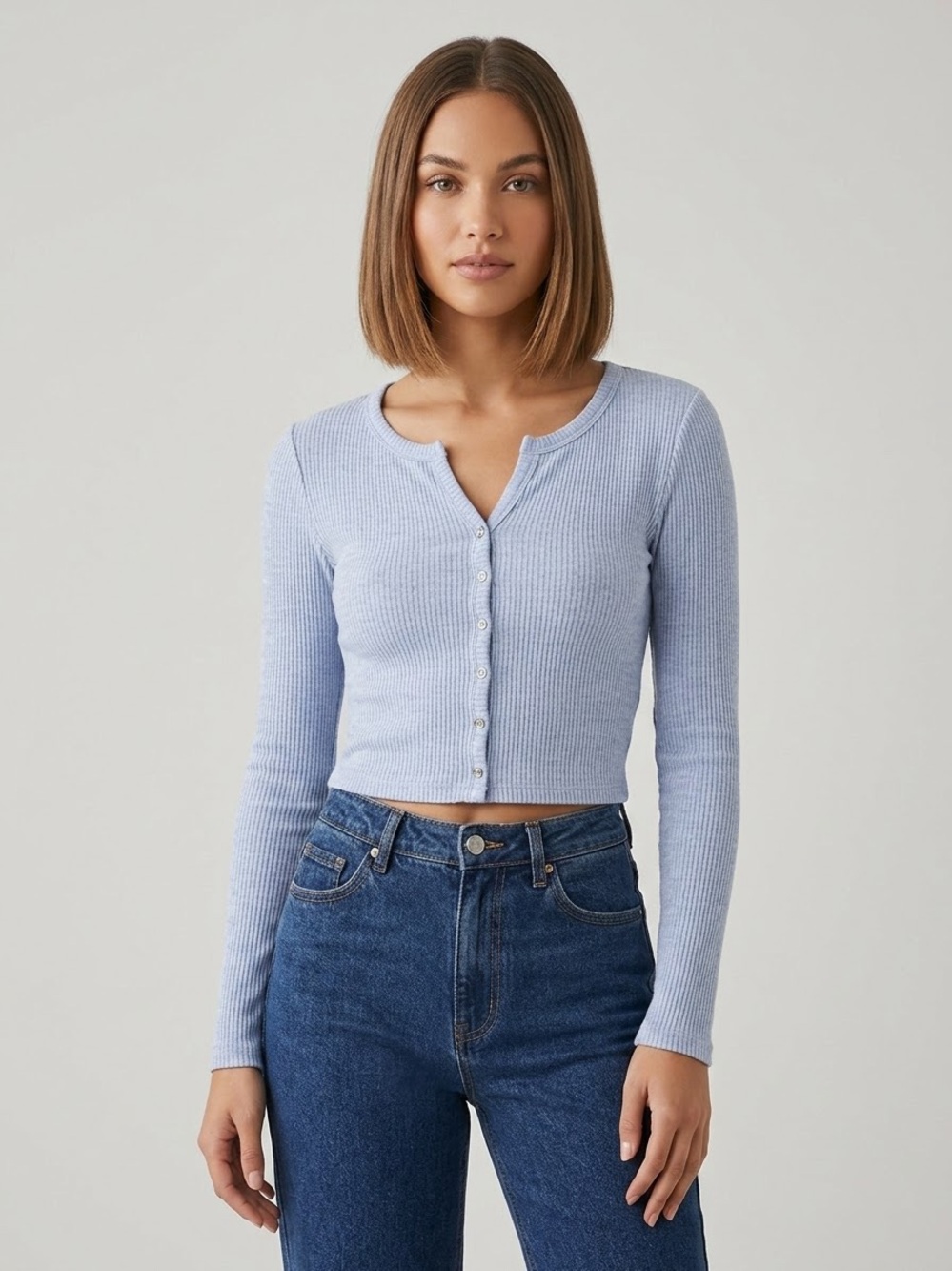 Pastel Blue Ribbed Split-Neck Top - Soft Girl & Y2K Aesthetic soft academia